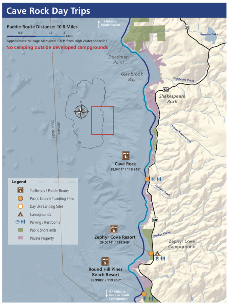 cave rock lake tahoe water trail trailhead day trip map paddling
